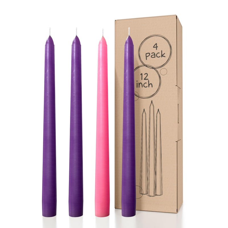 CANDWAX 12 inch Taper Advent Candles 1 Set - Dripless Taper Candles and Unscented Candlesticks - Long Burning Tapered Candles Perfect as Advent Wreath Candles Tapers - Purple Advent Candles - Image 1